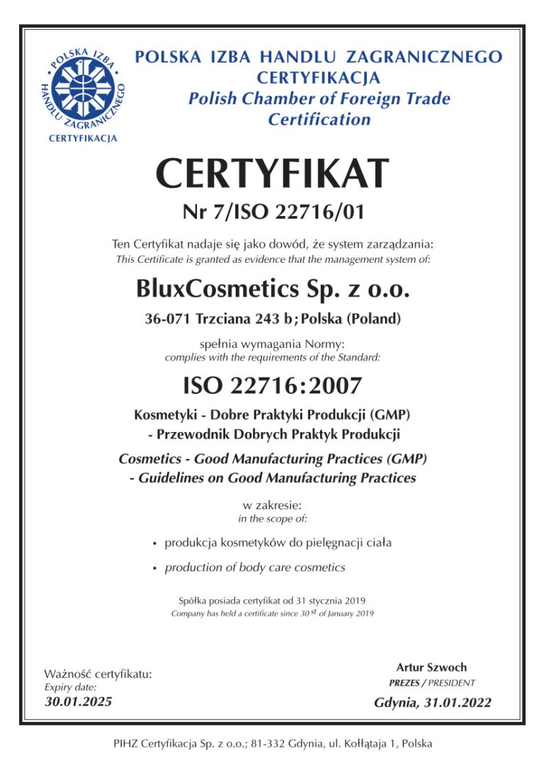 Certyfikaty / Karty charakterystyki BLUXCOSMETICS